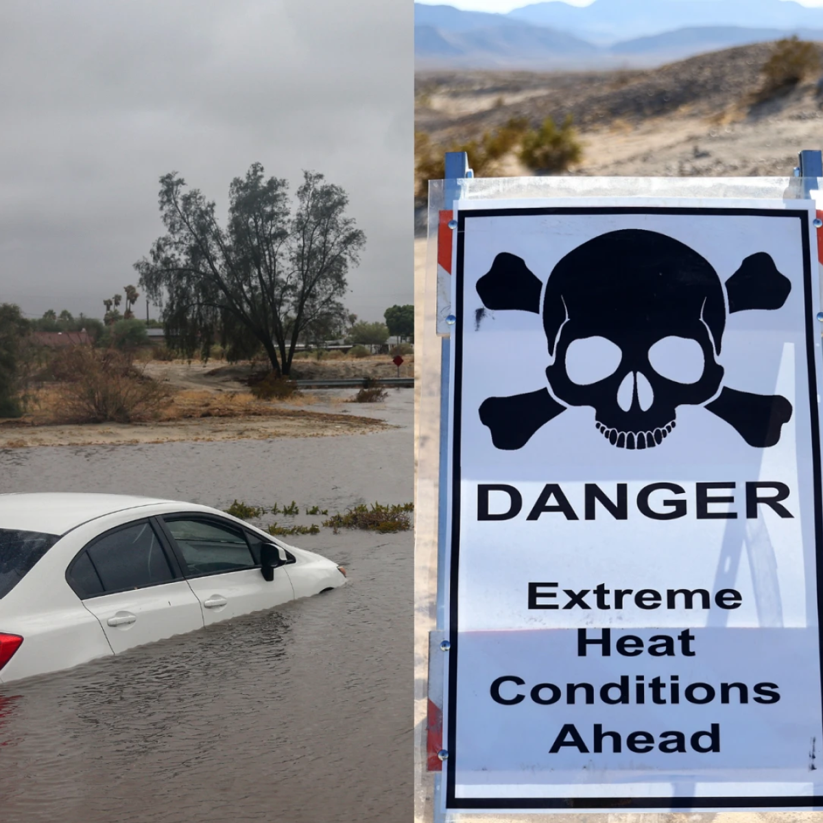 A car sinking in a flood of water and a "Danger: Extreme Heat Conditions Ahead" sign.