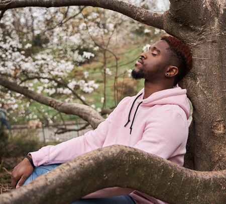 A young man relaxes against a blossoming tree.