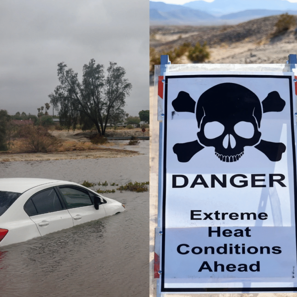 laist A car sinking in a flood and a sign that says "DANGER: Extreme Heat Conditions Ahead"