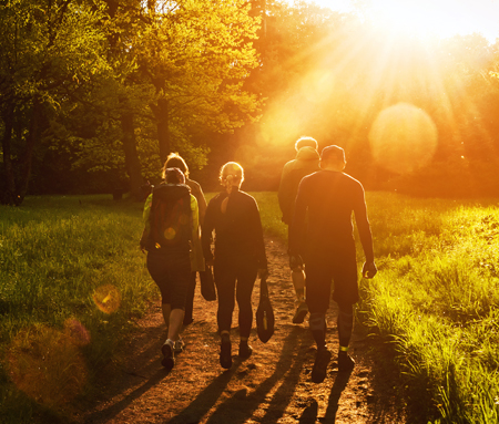 A group of people walk through a meadow at sunset.
