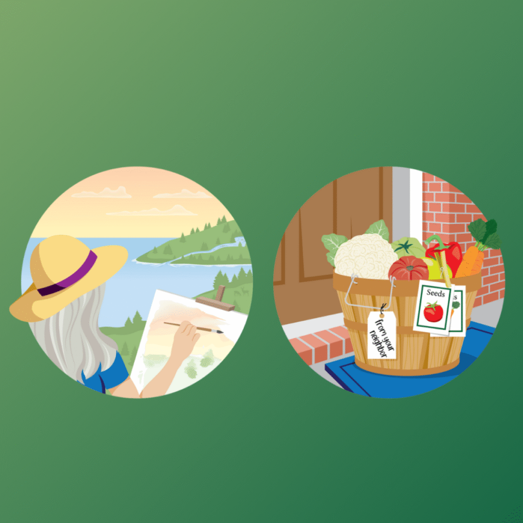 time Two illustrated bubbles: a grey haired woman illustrating a landscape and a bag of groceries on a doorstep.